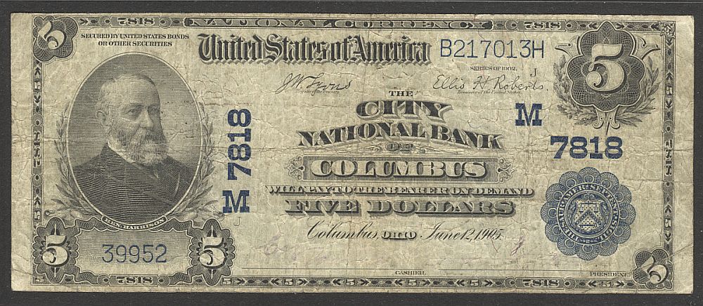 Columbus, OH, 1902PB $5, Charter #7818, City National Bank